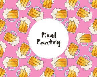 Patrón sin costuras de cerveza rosa / Tazas espumosas dibujadas a mano (Descarga digital)