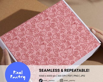 Red Strawberry Seamless Pattern, Monochromatic Sketch Print (Digital Download)