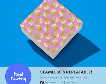 Pink Beer Seamless Pattern | Hand-Drawn Frothy Mugs (Digital Download)