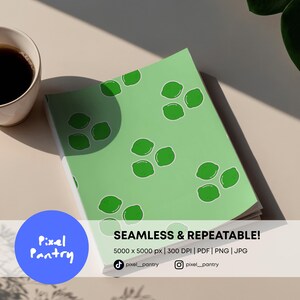 May include: A digital paper design featuring a light green background with a repeating pattern of small, dark green lime illustrations. The text reads: SEAMLESS & REPEATABLE! 5000 x 5000 px | 300 DPI | PDF | PNG | JPG. Pixel Pantry is also visible.