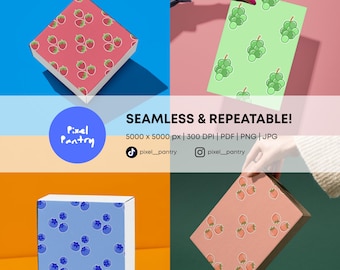 Seamless Fruit Patterns Bundle | Hand-Drawn Peach, Strawberry, Blueberry, Grape Designs (Digital Download)