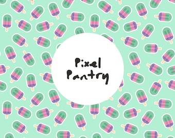 Patrón de paletas heladas sin costuras, fondo repetitivo de helados de verano en verde menta y morado (descarga digital)