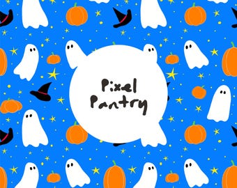 Patrón sin costuras de Halloween: fantasmas, calabazas y sombreros de bruja (descarga digital)