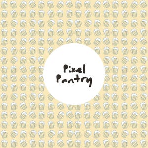 May include: A repeating pattern of beer mugs with foam on a light yellow background. A white circle in the center contains the words "Pixel Pantry" in black handwritten font.