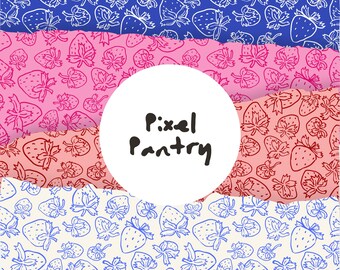Paquete de patrones sin costuras de fresas dibujadas a mano, 4 combinaciones de colores (descarga digital)