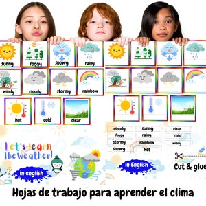Hojas de Trabajo imprimibles / Aprendamos el Clima/ Niños/ 4 hojas PDF |Inglés/Español/8.5 x 11 in