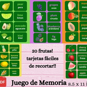 Może przedstawiać: Kolorowy zestaw 20 kart z owocami w języku angielskim i hiszpańskim. Karty są przeznaczone do gry w pamięć i przedstawiają ilustracje owoców, takich jak mango, winogrona, kiwi i ananas. Tekst "20 frutas! tarjetas fáciles de recortar!!" jest wydrukowany na różowym tle.