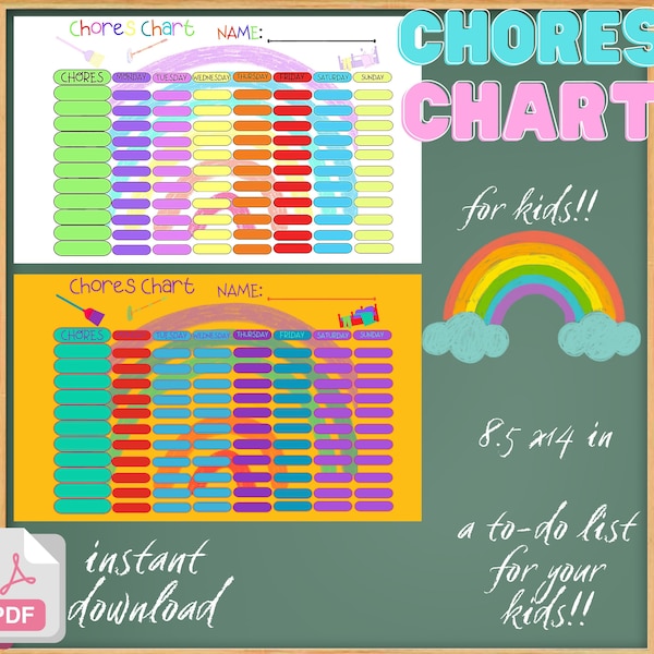 Printable Chore Chart for kids, 8.5 x 14 in (Legal size) 2 sheets of coloring list for children Instant download