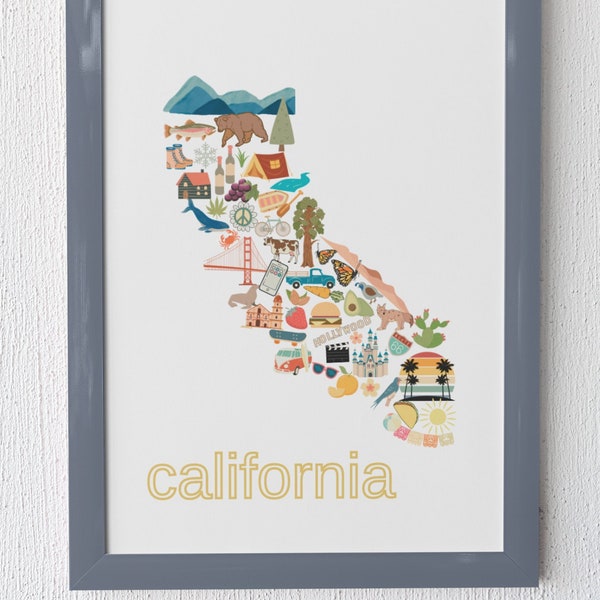 State Map Prints, California Print, Home State Art, Going Away Gift, Cadeau de pendaison de crémaillère, Art mural personnalisé, Téléchargement numérique