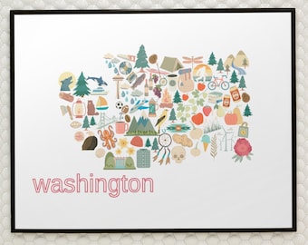 May include: A framed print featuring a colorful illustration of Washington State, filled with icons representing local landmarks and activities. The word "washington" is written in pink script at the bottom. The print is set against a white background.