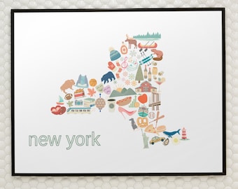 New York State Map Art Print, Retro Home Decor (Digital Download)