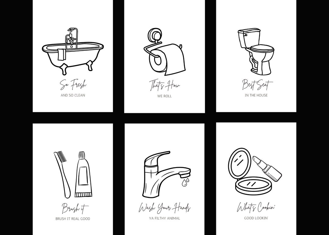 Potty Talk Prints, Bathroom Wall Art, Set of 6, Custom Wall Art