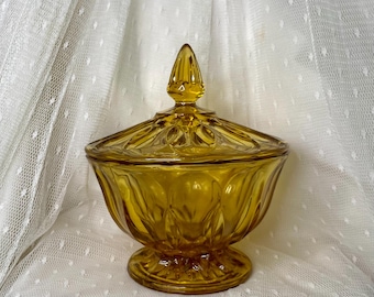 Anchor Hocking Fairfield Amber Glass Covered Candy Dish | Vintage 1970s  | Pedestal Compote | Retro Glassware