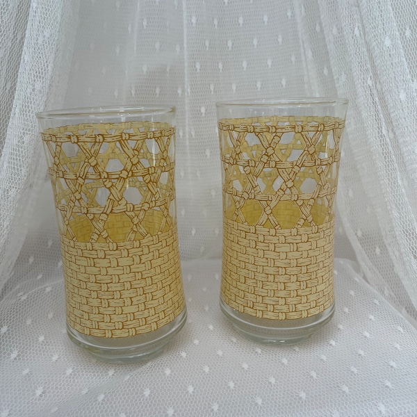 Vintage Libbey Rattan Cane Print Highball Glasses - Set of 2