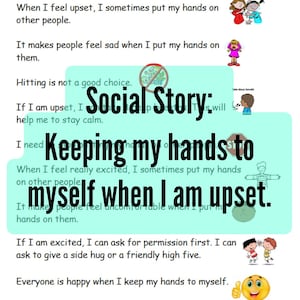 May include: A colorful social story poster with the title "Keeping My Hands to Myself" and illustrations of children. The poster teaches children how to manage their emotions and keep their hands to themselves when they feel upset or excited.