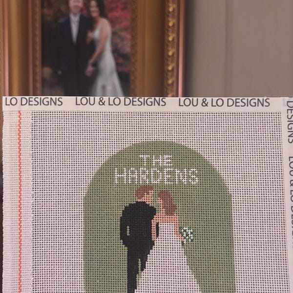 Bride and Groom Needlepoint Ornament 4” round OR oval 18 mesh. customizable