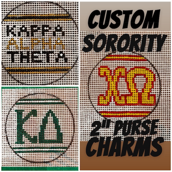 KITTED Any sorority custom painted needlepoint canvas 2” bag tag/purse charms. KITTED w/up to 3 thread colors DMC pearl cotton floss