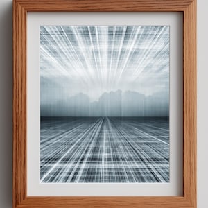 May include: Abstract art print in a wooden frame. The artwork features a perspective view with converging lines and a light blue and white color scheme, creating a sense of depth and movement. The print is framed in a natural wood frame.