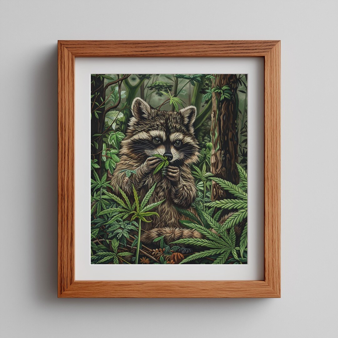 Rustic Raccoon Rustic Raccoon in Cannabis Forest - Cozy Woodland Wall Art, Moody ...