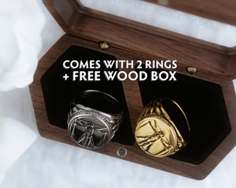 2PCS Vitruvian Men Ring, Da Vinci Ring, Silver Ring Men, Gold Ring Men, Men Gift Ring, Men Jewelry, Men Ring Set, Free Wooden Gift Box