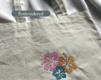 Embroidered Tote Bag, Flower Embroidered Tote Bag, Hibiscus flower Tote Bag, Hibiscus Flower, Coconut Girl Tote Bag, Reusable Bag, Hibiscus