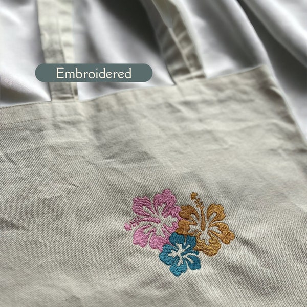 Embroidered Tote Bag, Flower Embroidered Tote Bag, Hibiscus flower Tote Bag, Hibiscus Flower, Coconut Girl Tote Bag, Reusable Bag, Hibiscus