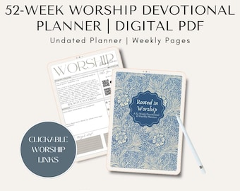 May include: A digital PDF devotional planner with the text "52-Week Worship Devotional Planner | Digital PDF." The planner features undated weekly pages and clickable worship links. One planner has a blue floral design and the text "Rooted in Worship."