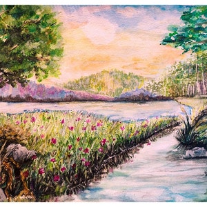 白昼夢 - 水、木、花、小川の水彩画