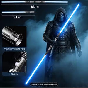 May include: A black double-bladed light sword with glowing blue blades, measuring 63 inches when connected and 31 inches as a single unit. Features include a metallic connecting ring and a circular power switch on the black handle.