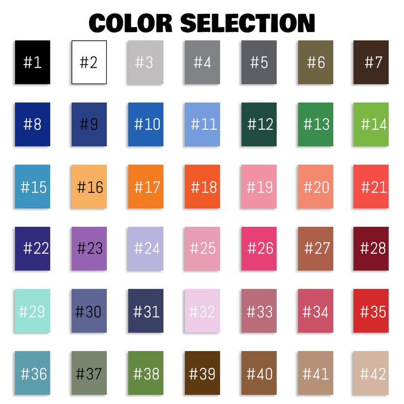 May include: A colour selection chart with 42 different colour swatches. Each swatch is labelled with a number from 1 to 42.