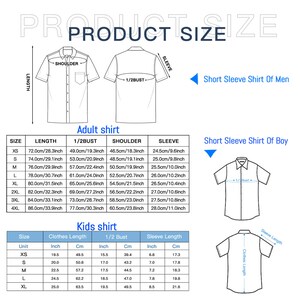 May include: Size chart for short-sleeve shirts in adult and kids sizes. The chart shows measurements in inches and centimeters for length, 1/2 bust, shoulder, and sleeve. The chart includes sizes XS, S, M, L, XL, 2XL, 3XL, and 4XL.