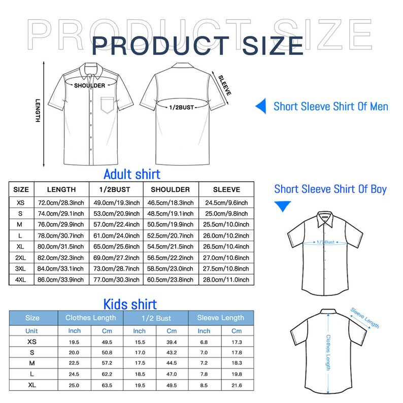 May include: Size chart for short-sleeve shirts in adult and kids sizes. The chart shows measurements in inches and centimeters for length, 1/2 bust, shoulder, and sleeve. The chart includes sizes XS, S, M, L, XL, 2XL, 3XL, and 4XL.