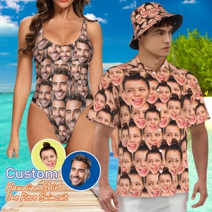 Camisa hawaiana personalizada con cara, camisa hawaiana personalizada, traje de baño personalizado, traje de baño con cara, traje de baño de una pieza, regalos para vacaciones en la playa