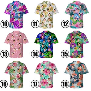 May include: A set of 18 colorful Hawaiian shirts with different floral and tropical patterns. Each shirt features a unique design with multiple faces printed on it. The shirts are numbered 10 through 18.