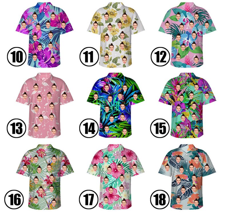 May include: A set of 18 colorful Hawaiian shirts with different floral and tropical patterns. Each shirt features a unique design with multiple faces printed on it. The shirts are numbered 10 through 18.