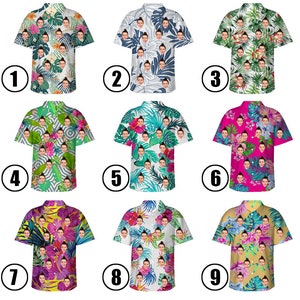 May include: Nine different designs of Hawaiian shirts with various tropical patterns and colorful floral prints. Each shirt features a unique design with a variety of colors and patterns.