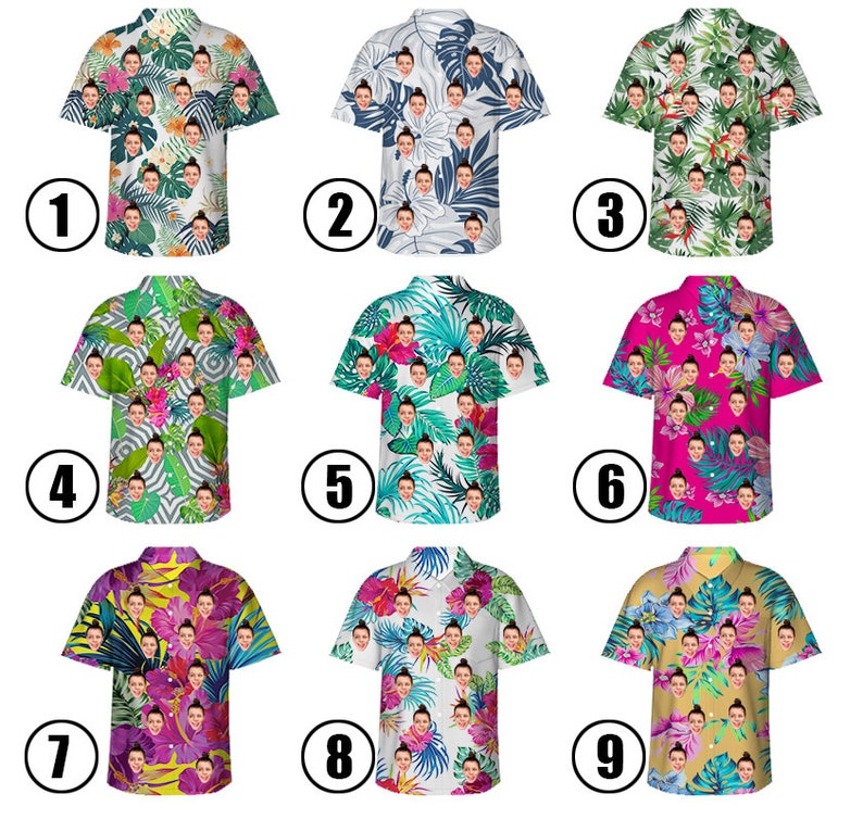May include: Nine different designs of Hawaiian shirts with various tropical patterns and colorful floral prints. Each shirt features a unique design with a variety of colors and patterns.