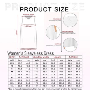 May include: Size chart for a sleeveless dress with measurements in inches and centimeters. The chart includes measurements for the bust, shoulder width, length, and skirt.