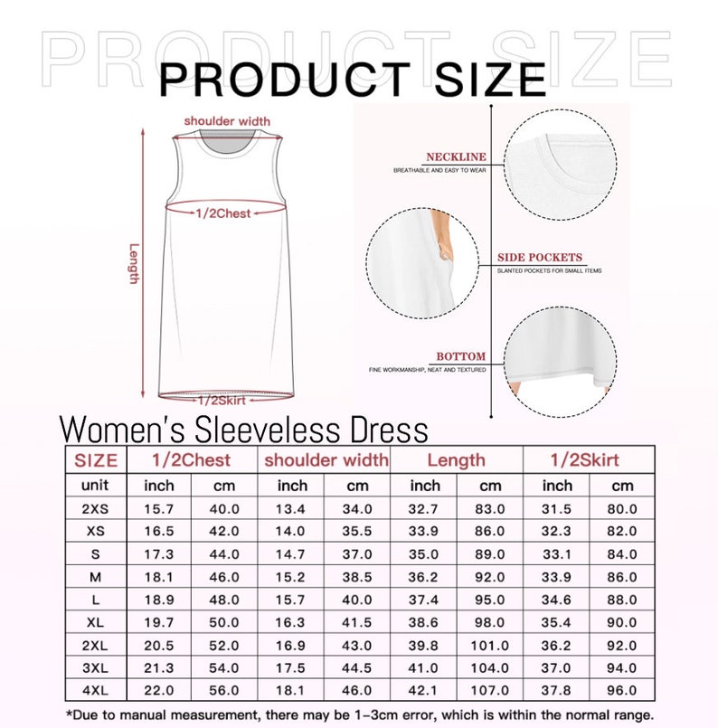 May include: Size chart for a sleeveless dress with measurements in inches and centimeters. The chart includes measurements for the bust, shoulder width, length, and skirt.