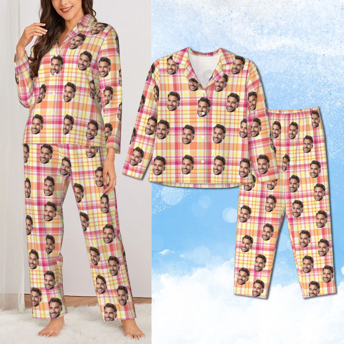 Discover Custom Face Photo Pajamas for Women, Personalized Photo Face Women Pajama Set, Home Wear Set, Best  Gift for Wife Family and Friends