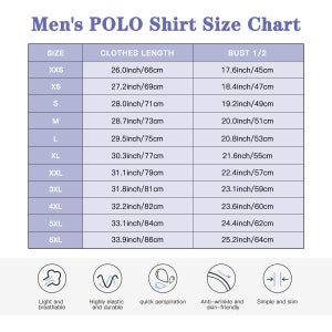 May include: A size chart for men's polo shirts, showing sizes from XXS to 6XL, with corresponding measurements in inches and centimetres for both the clothes length and bust.