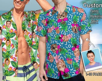 Puede incluir: Dos camisas hawaianas personalizadas, una con un patrón geométrico azul y blanco y la otra con un patrón floral tropical blanco. Las camisas presentan una variedad de caras y diseños de piña. El texto "Custom Funny Hawaiian Shirt" y "1-10 Face" es visible en la imagen.