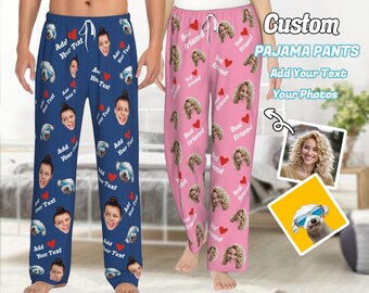 Aangepaste fotopyjama, gepersonaliseerde unisex-pyjama met gezicht, aangepaste fotopyjamabroek voor dames, heren, homewear-set, cadeaus voor vrouw echtgenoot