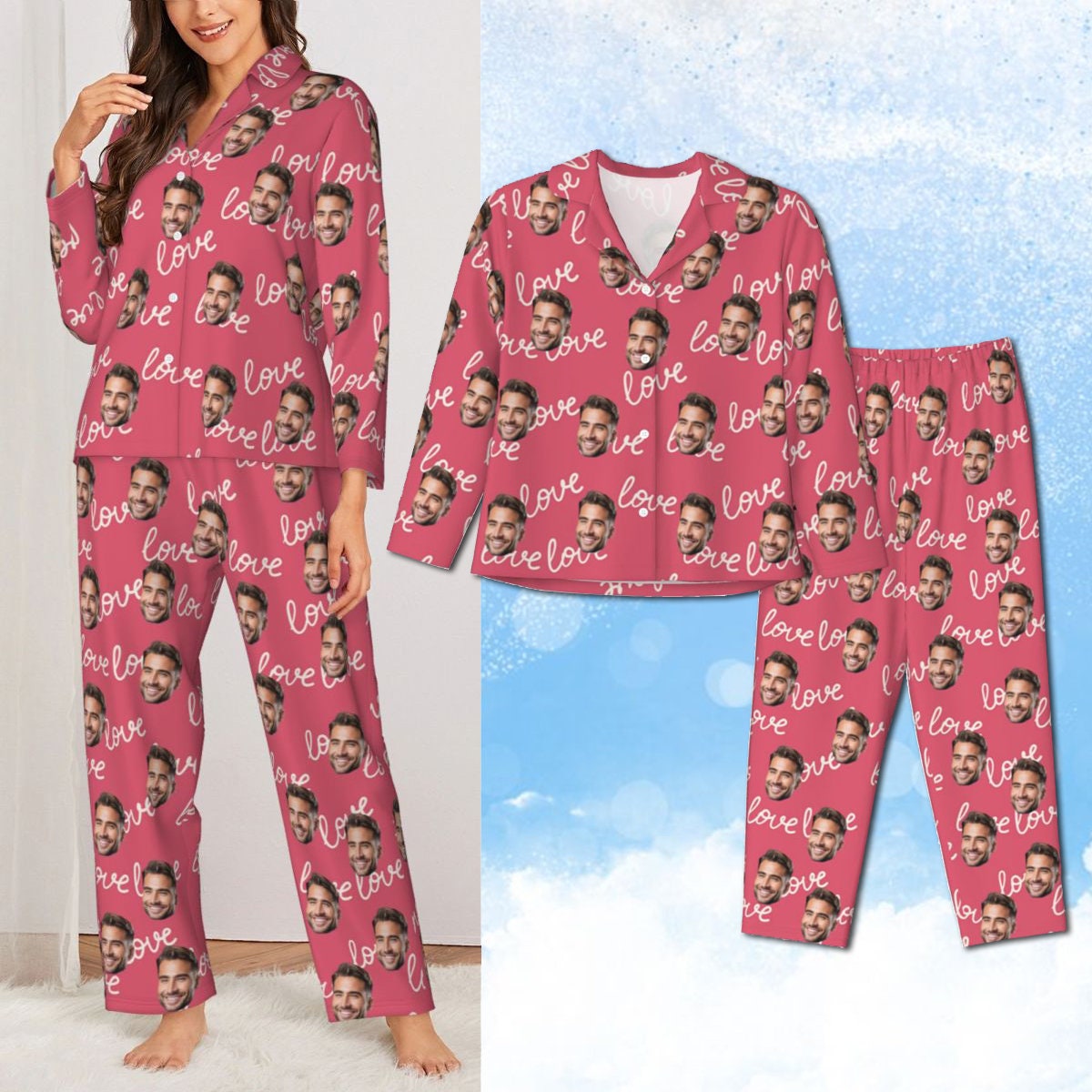 Discover Custom Face Photo Pajamas for Women, Personalized Photo Face Women Pajama Set, Home Wear Set, Best  Gift for Wife Family and Friends
