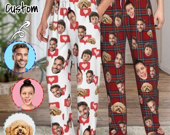 Aangepaste fotopyjama, gepersonaliseerde unisex-pyjama met gezicht, aangepaste fotopyjamabroek voor dames, heren, homewear-set, cadeaus voor vrouw echtgenoot
