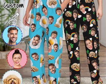 Aangepaste fotopyjama, gepersonaliseerde unisex-pyjama met gezicht, aangepaste fotopyjamabroek voor dames, heren, homewear-set, cadeaus voor vrouw echtgenoot