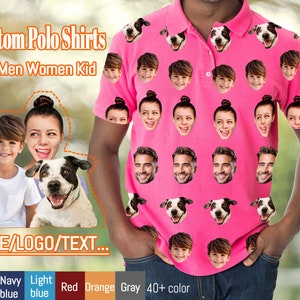 Puede incluir: Una camiseta polo rosa con un patrón repetido de caras y un perro. El texto "Custom Polo Shirts for Men Women Kid" está en la parte superior de la imagen. El texto "FACE/LOGO/TEXT..." está en la parte inferior de la imagen. Debajo del texto hay muestras de color etiquetadas como "Rosa", "Azul marino", "Azul claro", "Rojo", "Naranja", "Gris" y "40+ colores".