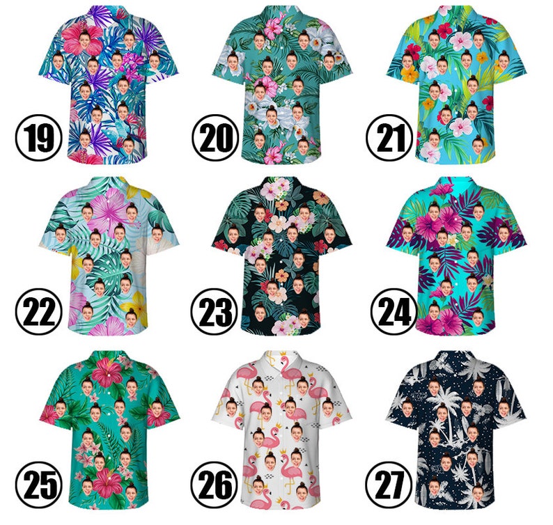 May include: Seven different Hawaiian shirts with various tropical prints, including flowers, palm trees, and flamingos. Each shirt features a unique design and color scheme.