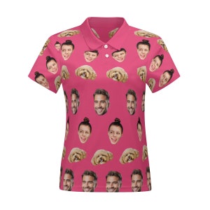 May include: Pink polo shirt with a repeating pattern of faces and dogs. The faces are of different people, and the dogs are all the same breed.