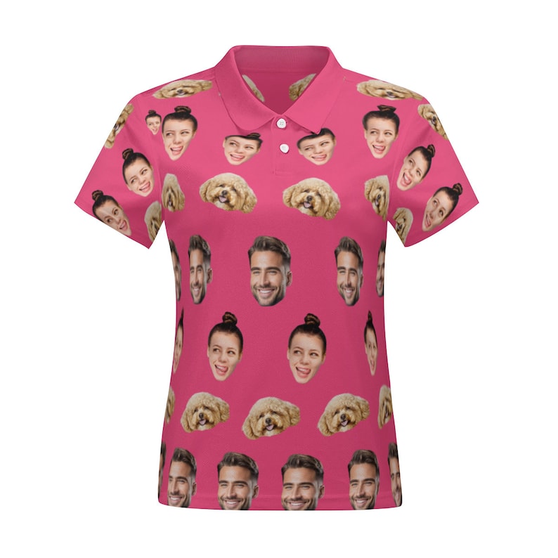 May include: Pink polo shirt with a repeating pattern of faces and dogs. The faces are of different people, and the dogs are all the same breed.